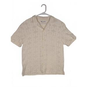 Zara Textured Knit Button Shirt Short Sleeve Cream Ivory Mens Large